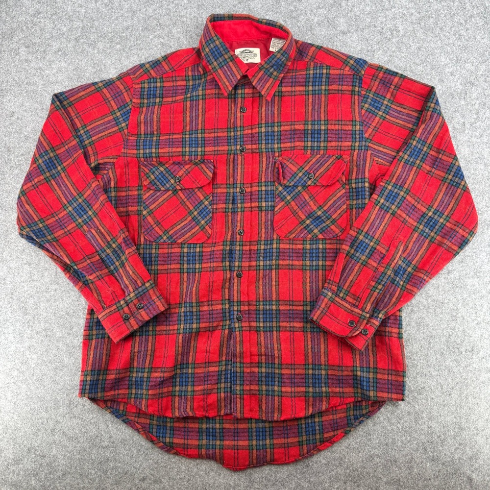 Fieldmaster Shirt Mens Large Wool Blend Plaid Red Long Sleeve Button Down EUC